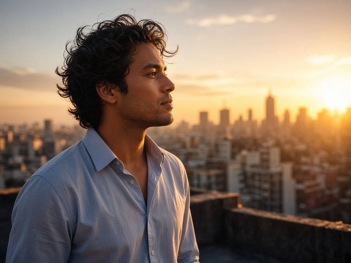 Founder looking toward the city at golden hour