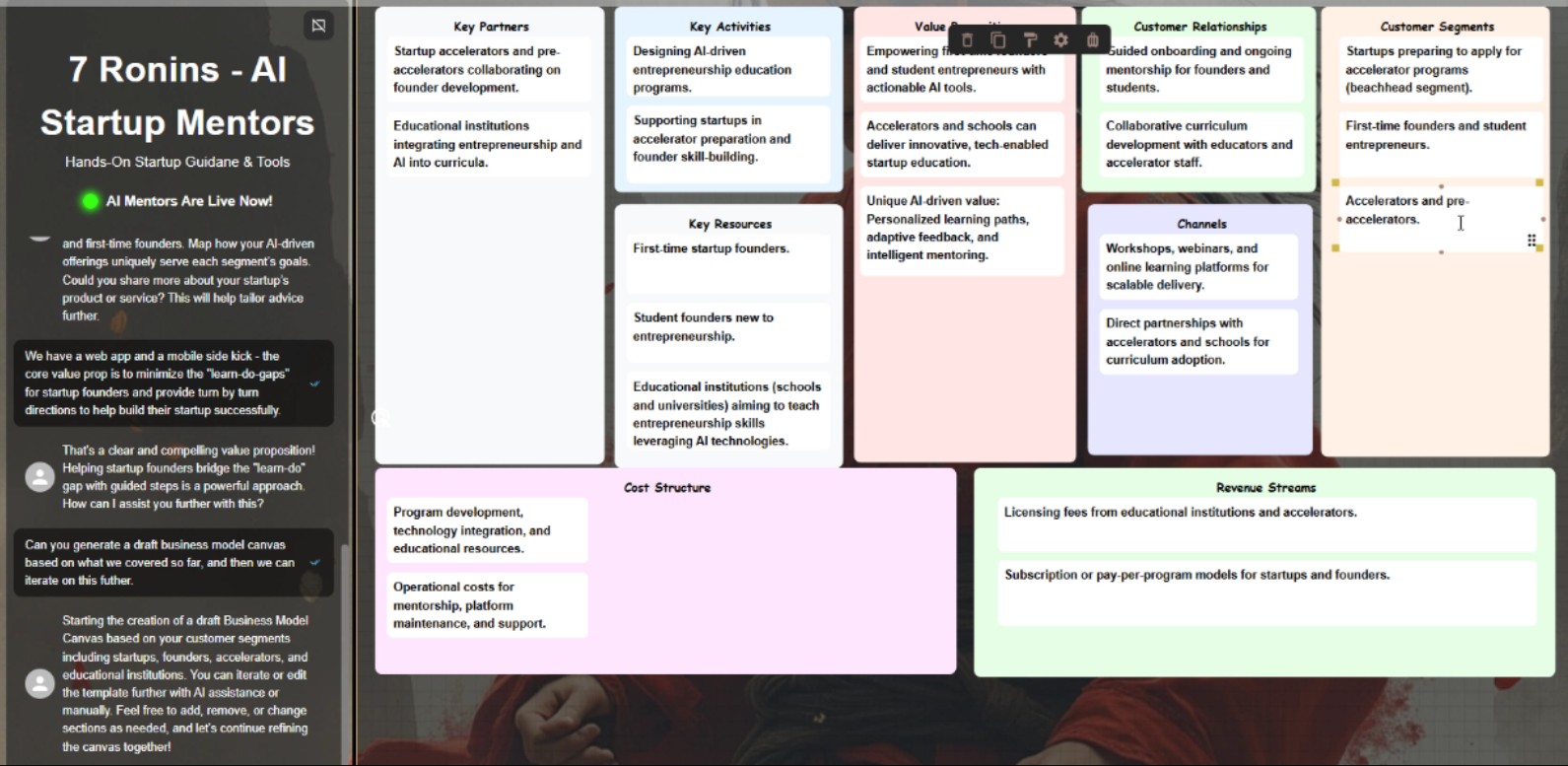 Business Model Canvas with Hikari AI mentor guiding strategy in real time