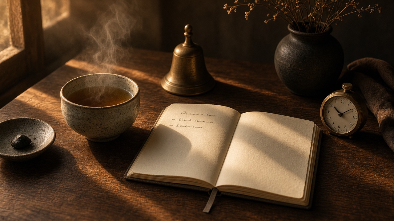 Dawn ritual: tea, notebook, and a brass bell