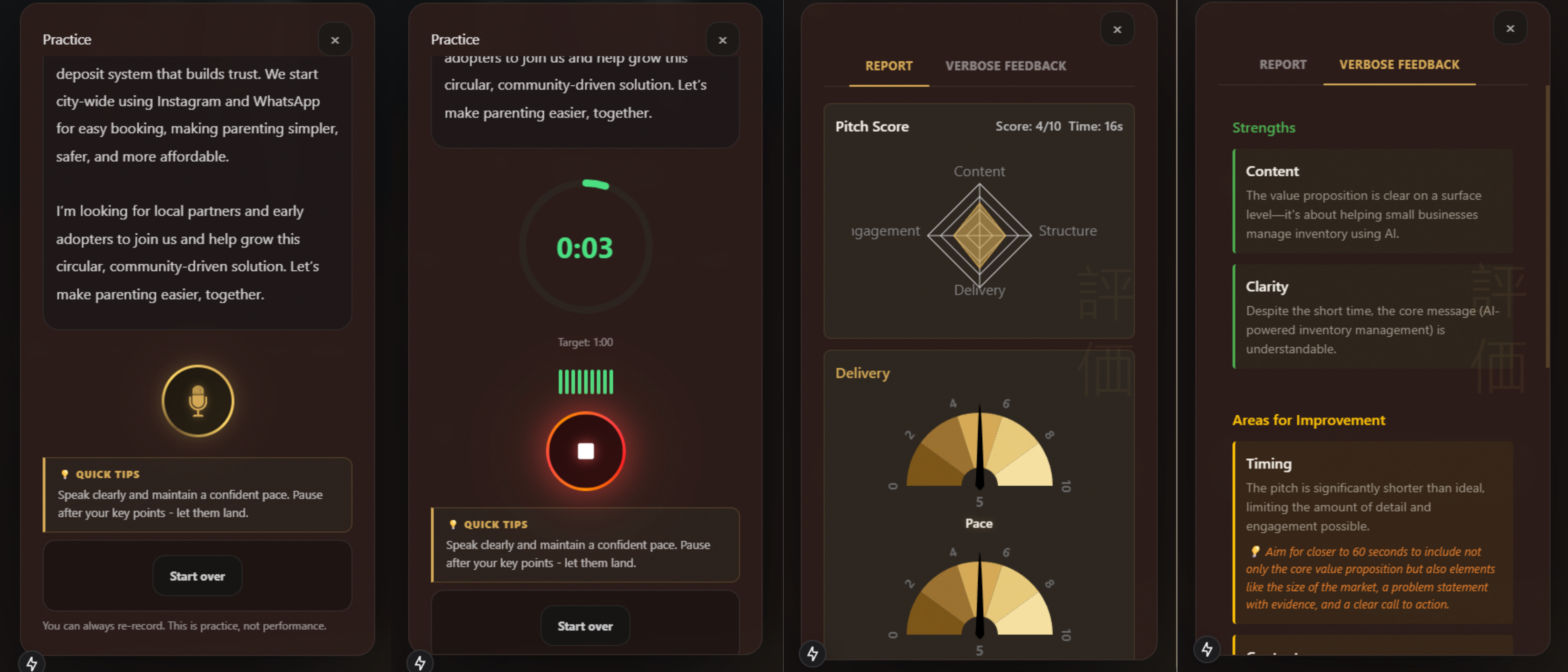 Pitch Dojo interface showing voice recording, pitch scores, and AI evaluation report