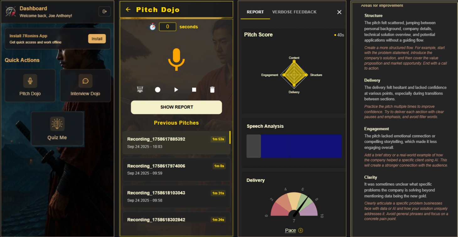 Pitch Dojo interface showing voice recording, pitch scores, and AI evaluation report