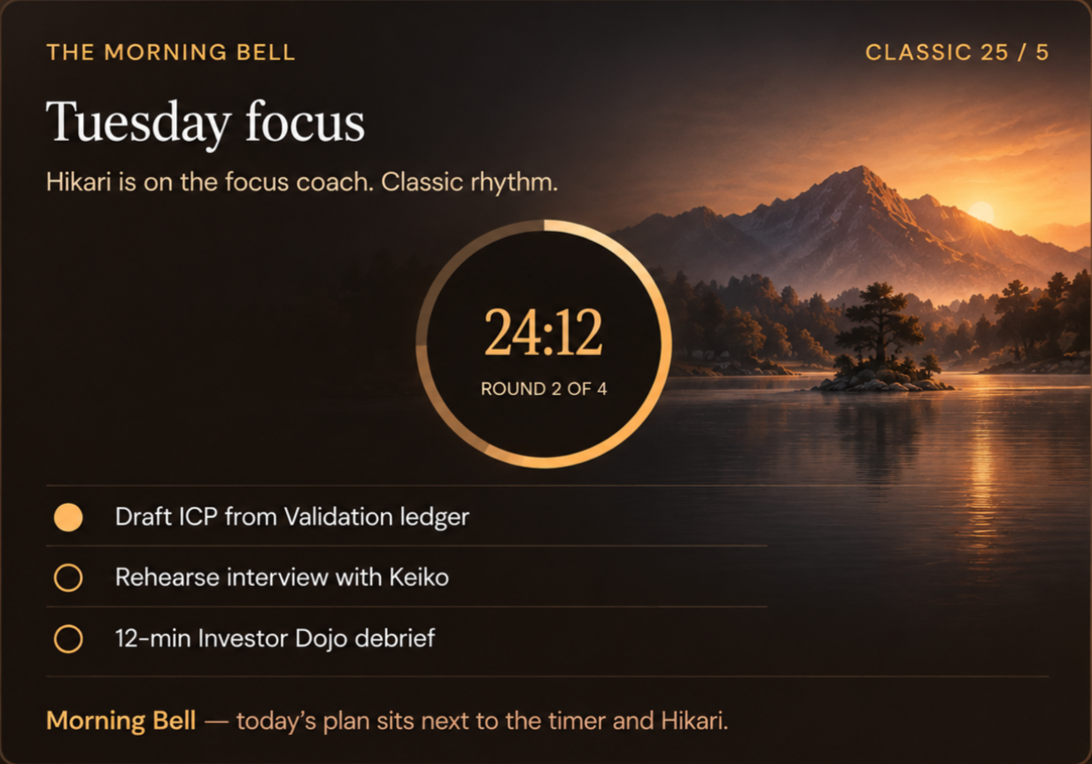 Morning Bell focus timer with Hikari coaching the day's tasks